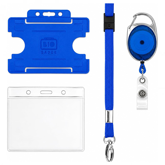 Blue 4 Piece Badge Set Lanyard Badge Reel ID Card Holders